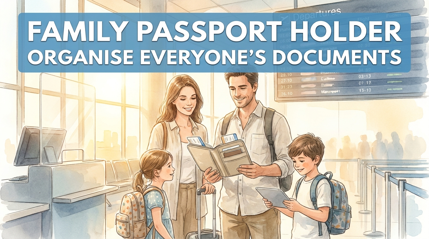 A family at airport check-in with one parent holding an organiser wallet containing the whole family's passports