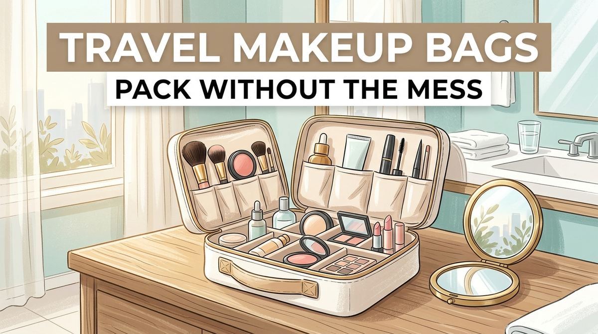 Makeup organiser bag guide - an organised open makeup bag with cosmetics neatly arranged