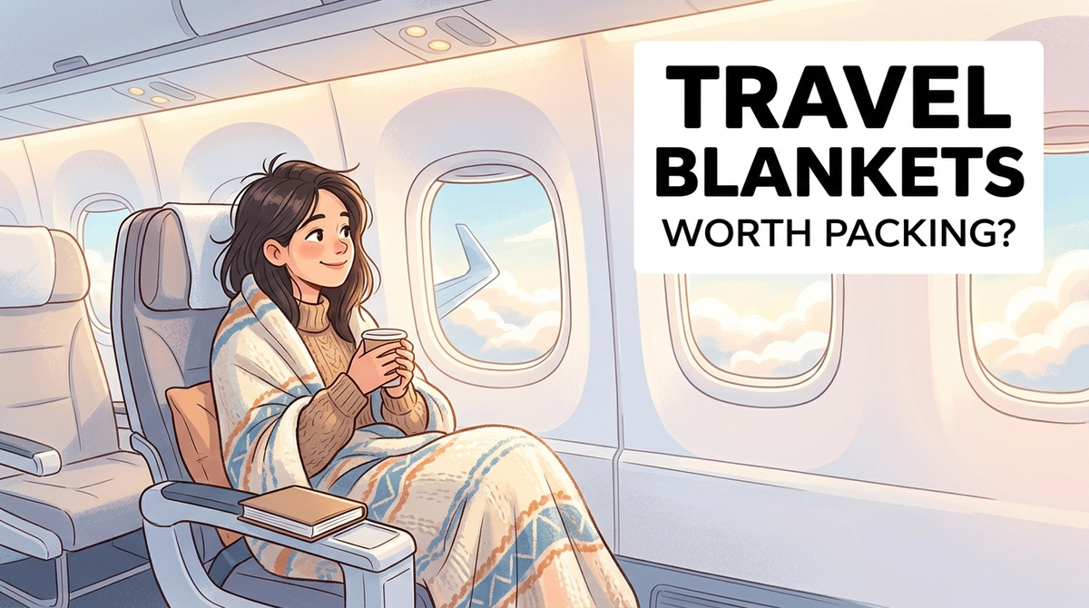 Travel blanket guide - cosy traveller wrapped in a soft travel blanket on a plane