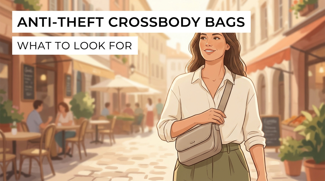 Traveller wearing an anti-theft crossbody bag across the front of their body in a city street