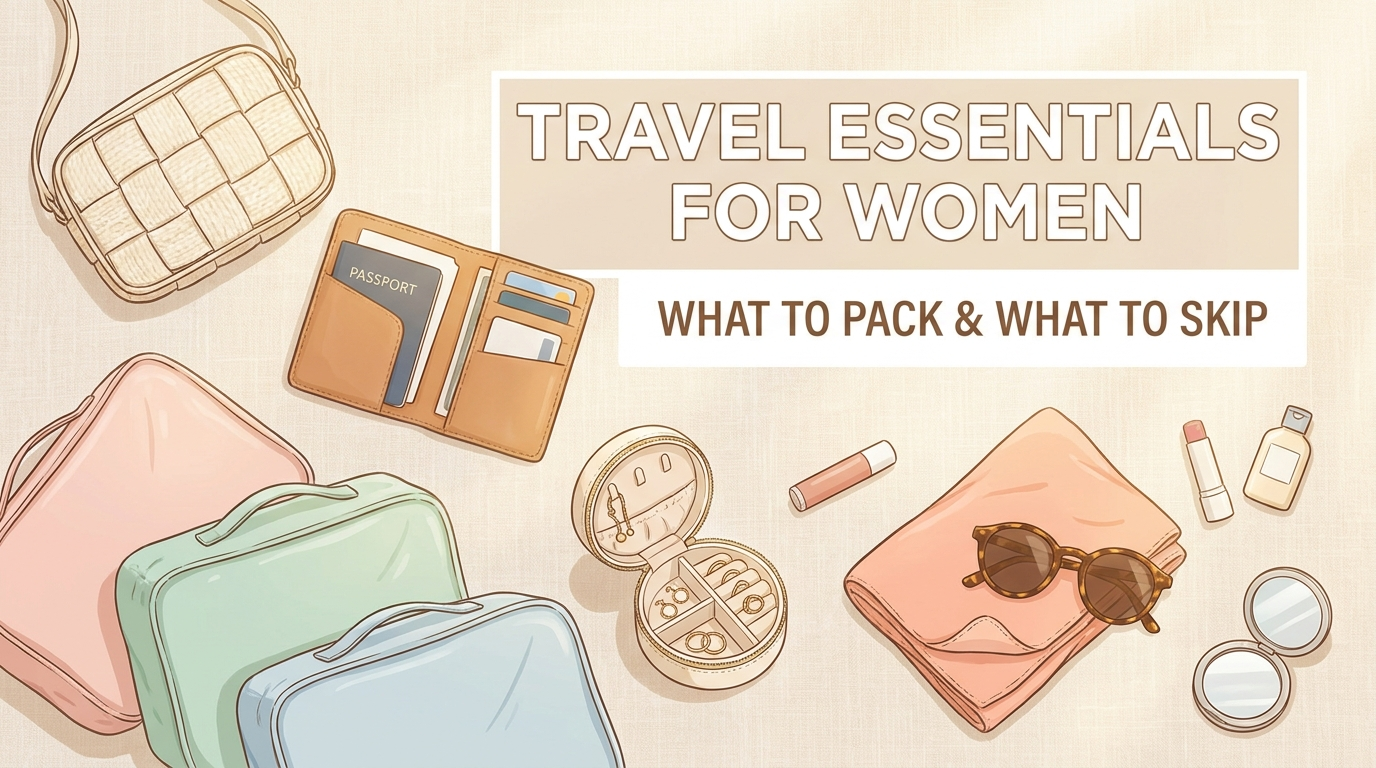 Flat-lay of women's travel essentials including a crossbody bag, passport wallet, packing cubes and jewellery case