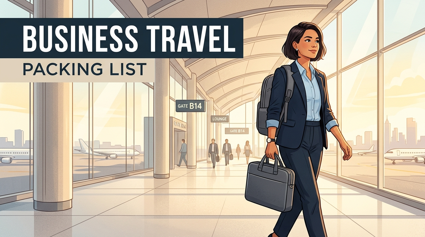 Business travel packing list guide - professional traveller with carry-on backpack in an airport terminal